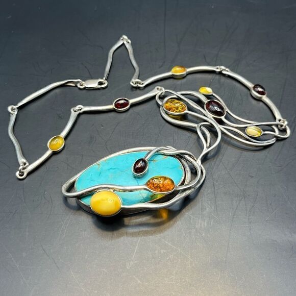 Turquoise and multi color Amber 925 Art Deco design necklace. - Picture 3 of 8